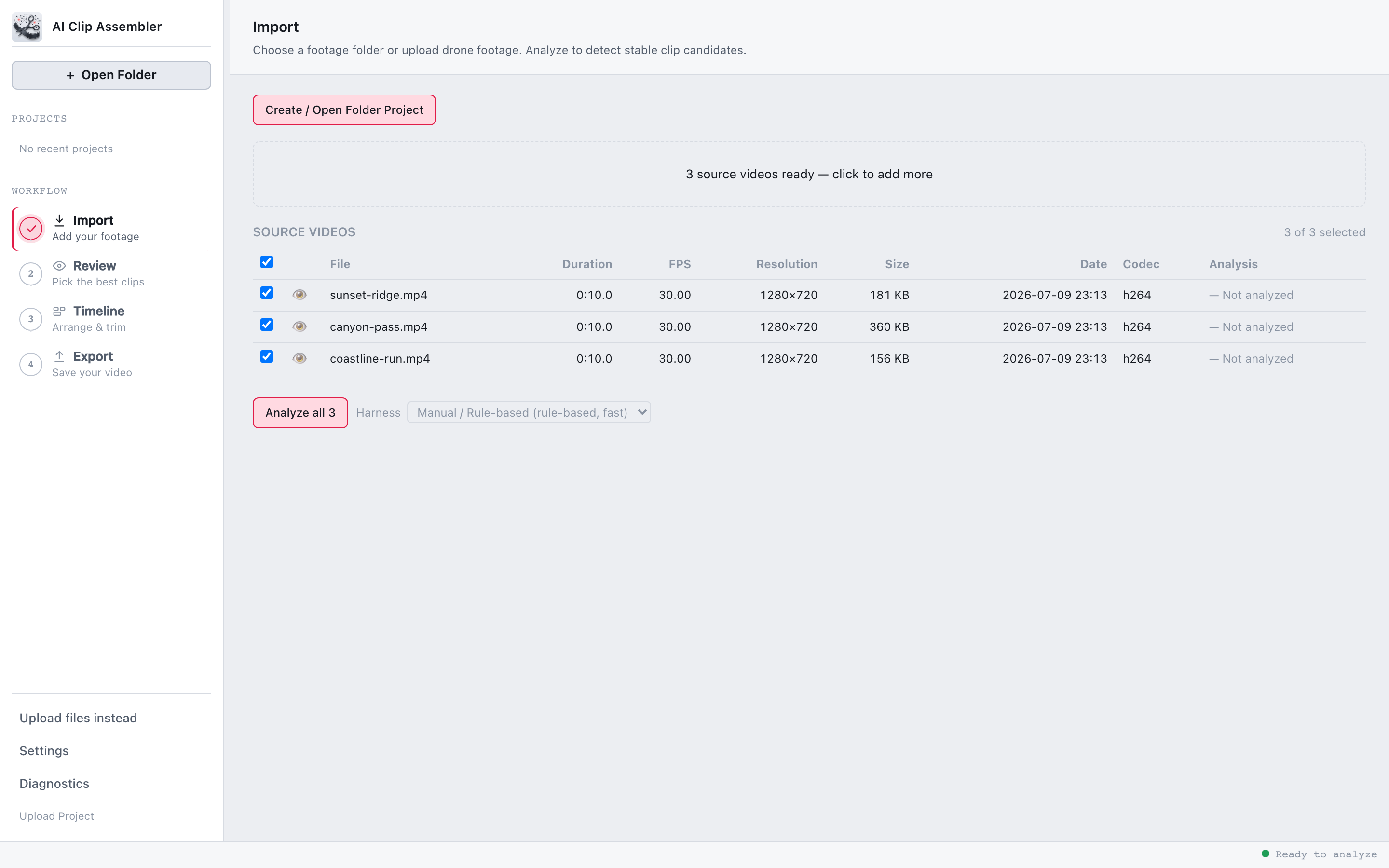 Import screen with three source videos analyzed