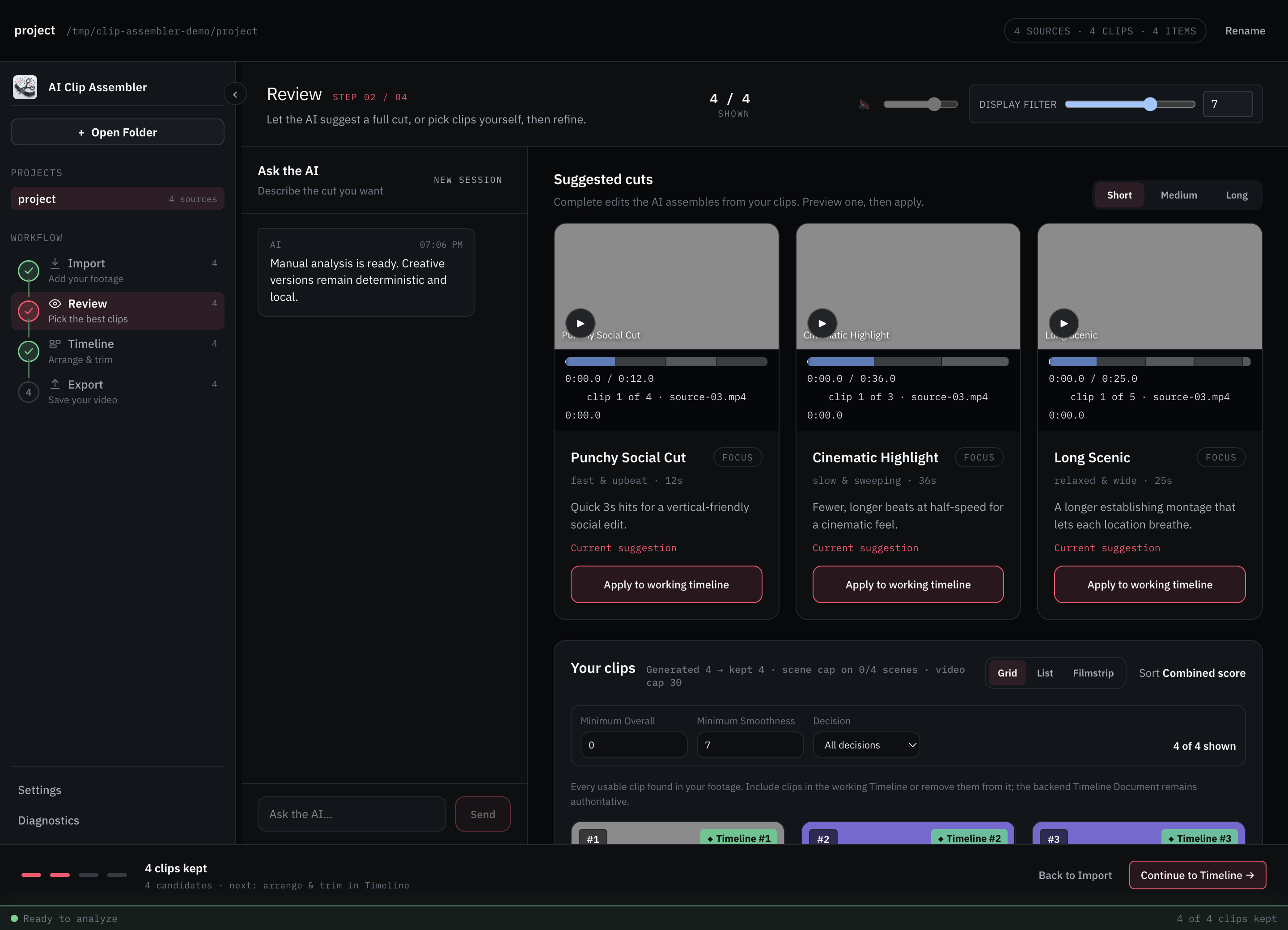 AI Clip Assembler Review screen showing scored candidates and montage controls