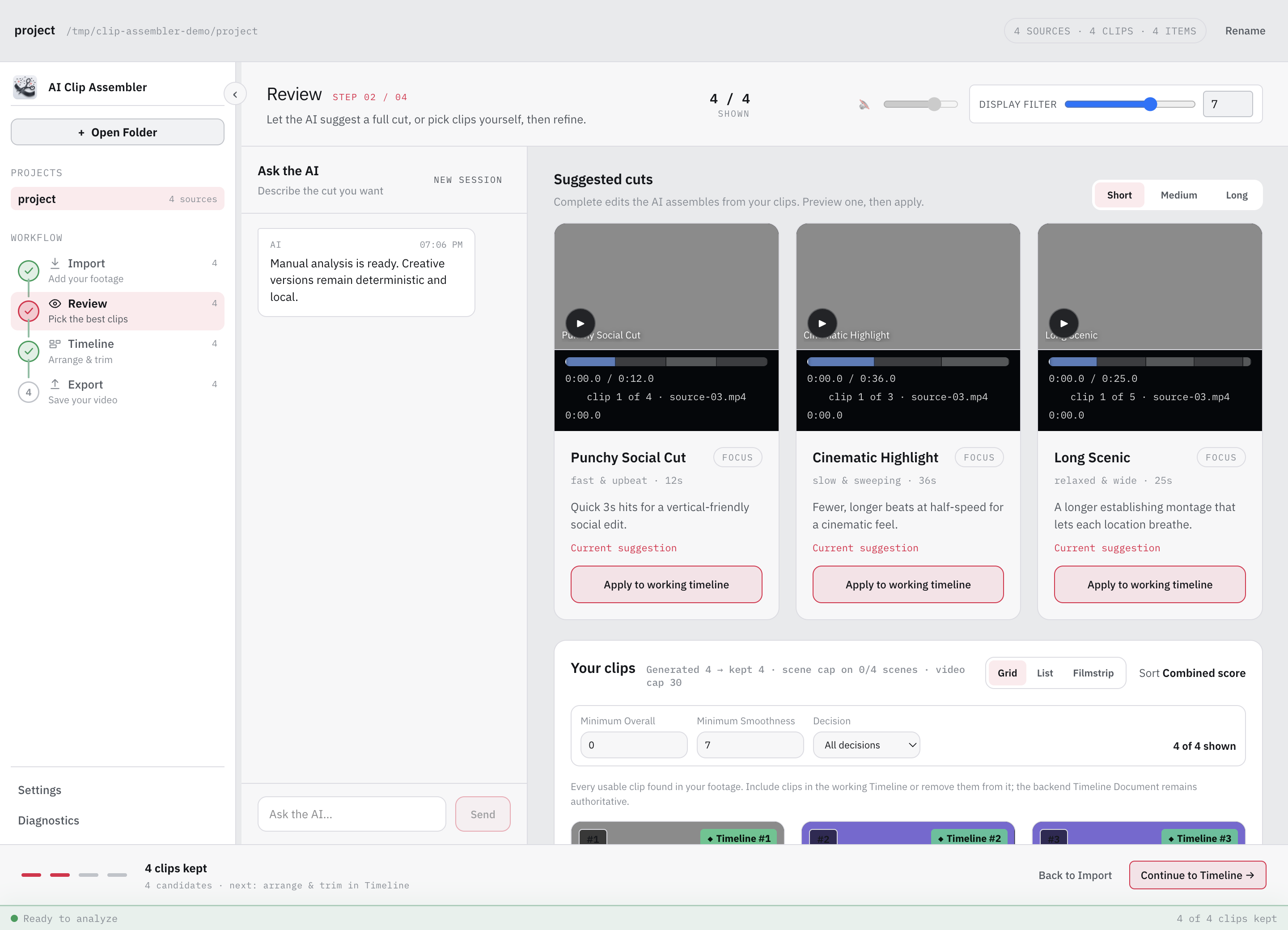 AI Clip Assembler Review screen showing scored candidates and montage controls in light theme