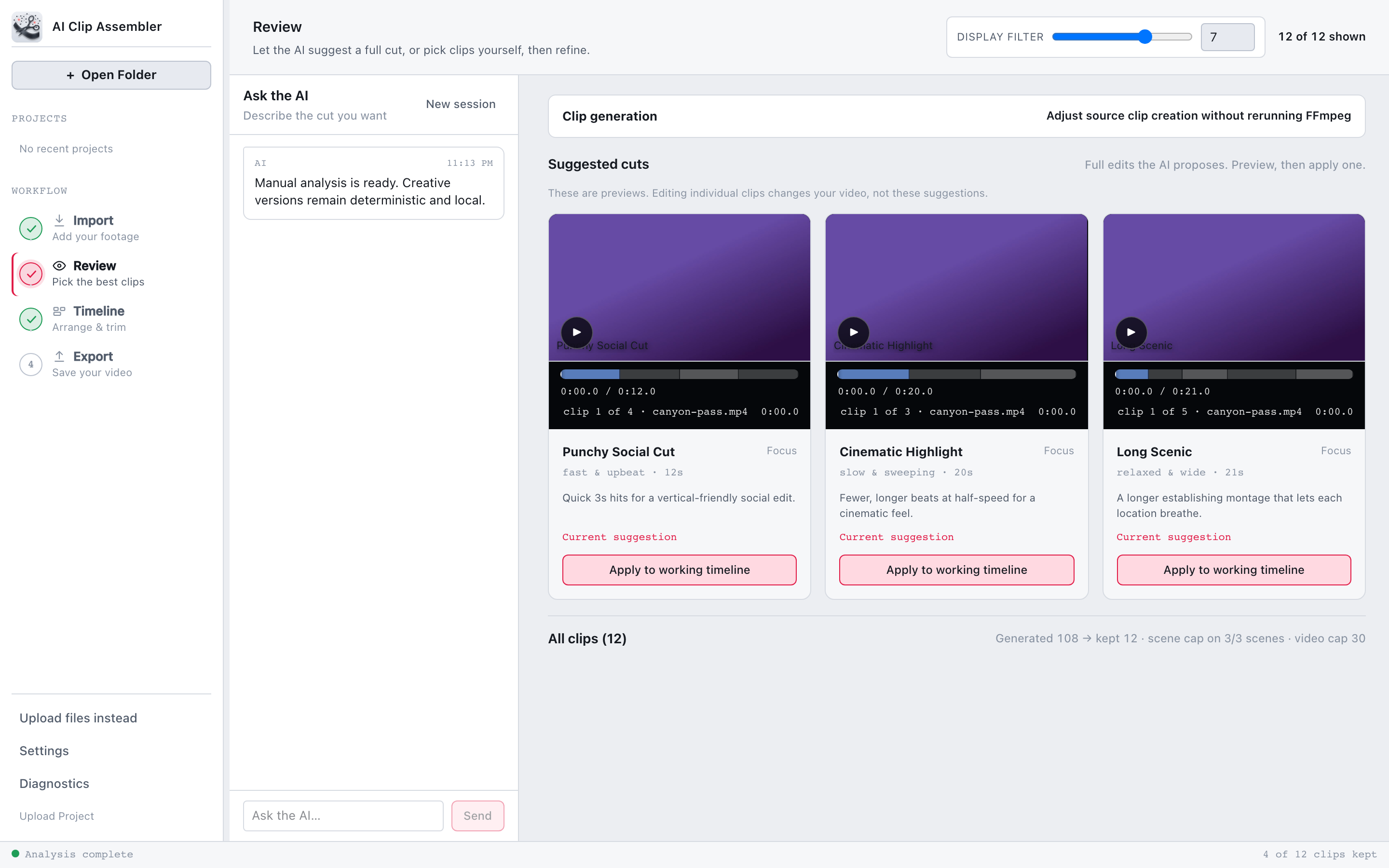 Review screen with three suggested cuts ready to apply