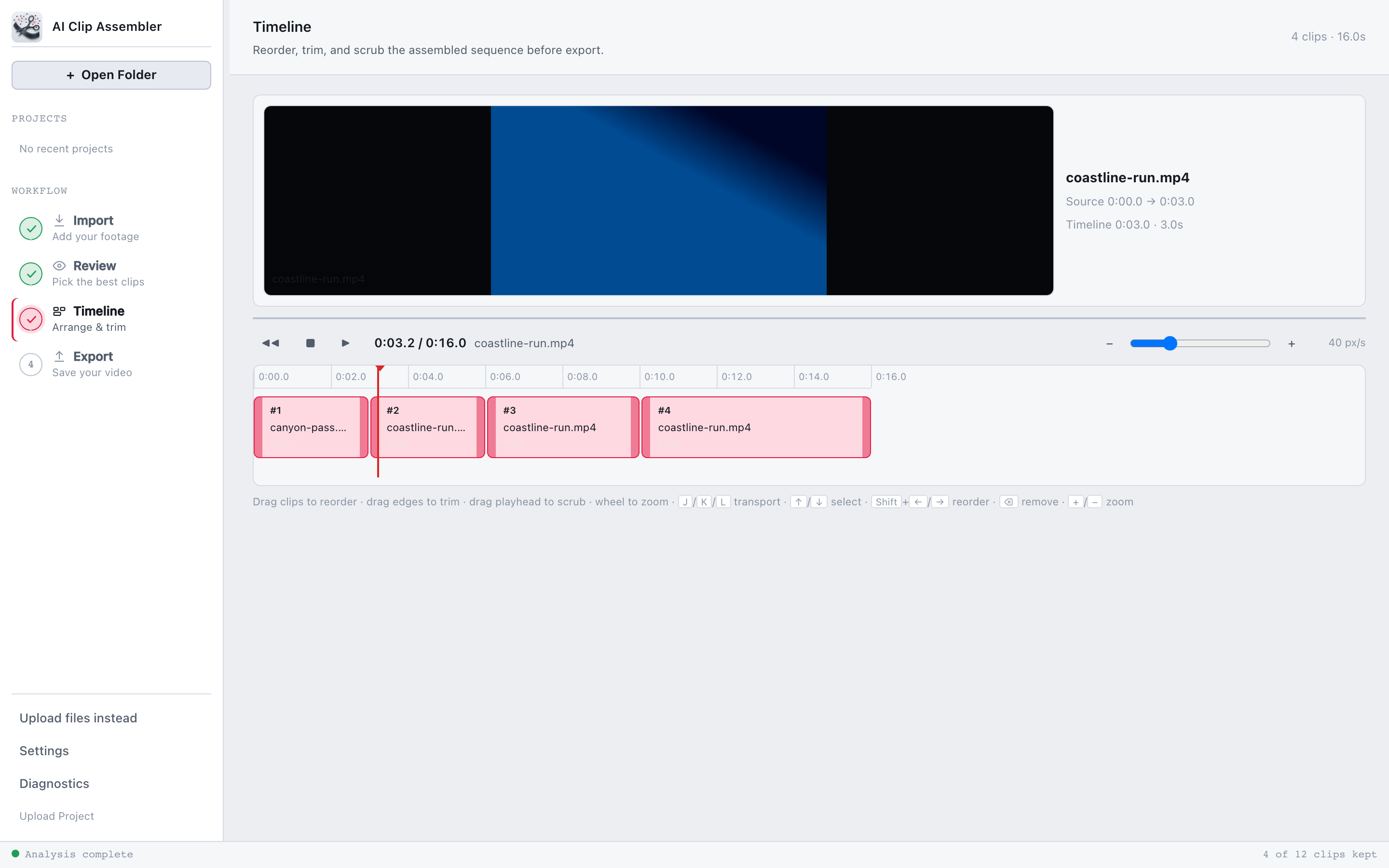 Timeline screen with four clips and a playhead